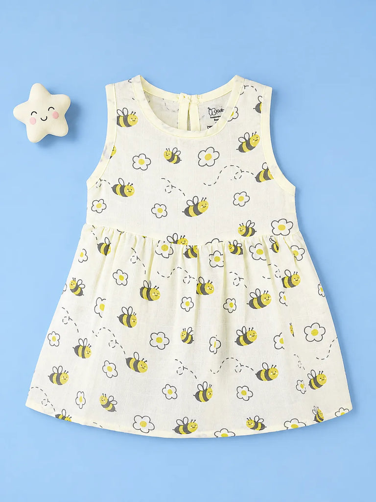BambooTEC™ Bamboo Muslin Baby Frock – Bee & Daisy Print, Soft & Breathable Dress