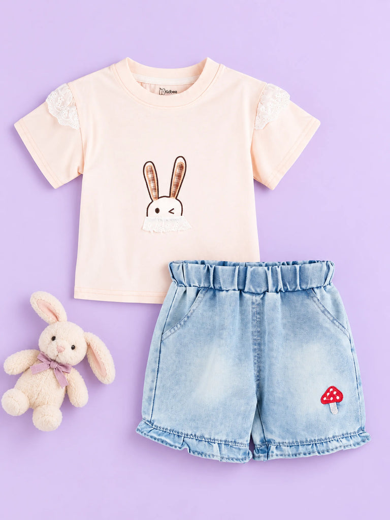 Girls Cotton Co-Ord Set – Peach Bunny T-Shirt with Denim Shorts