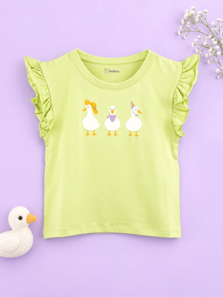 Girls Light Green Top – Cute Duck Print with Ruffle Sleeves