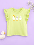 Girls Light Green Top – Cute Duck Print with Ruffle Sleeves