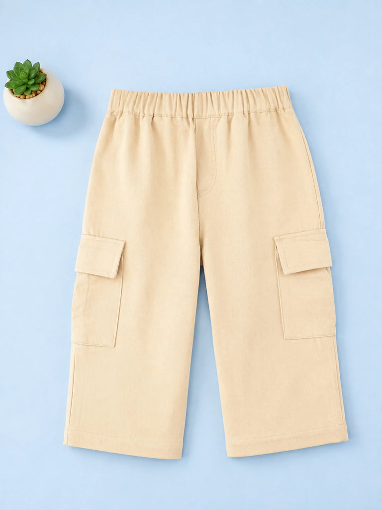 Unisex Light Beige Cotton Kids Cargo Pants – Comfortable Everyday Bottomwear