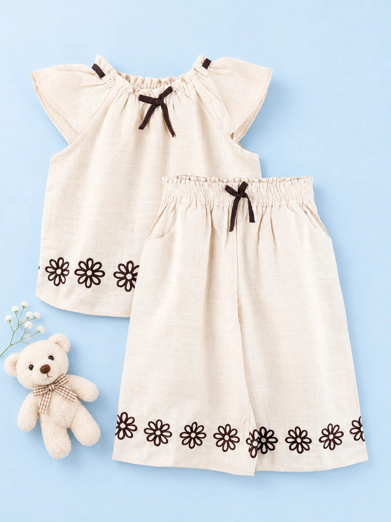 Girls Cotton Co-Ord Set – Cream Top & Wide-Leg Pants with Floral Embroidery