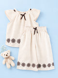 Girls Cotton Co-Ord Set – Cream Top & Wide-Leg Pants with Floral Embroidery