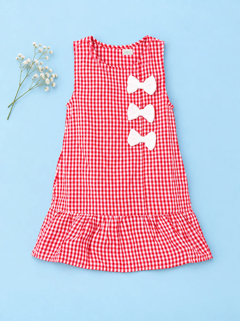Girls Cotton Gingham Frock – Red Check Dress with White Bow Details