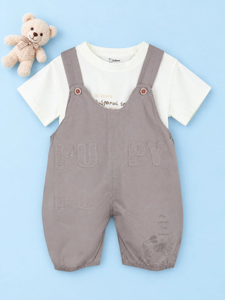 Kids Cotton Dungaree Set with T-Shirt – Grey Suspender Dungaree & White Tee