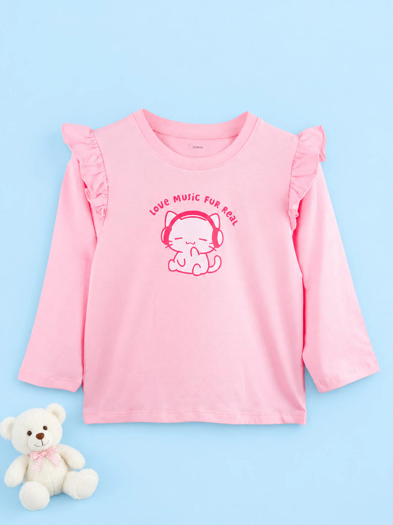 Girls Pink Full-Sleeve Top – Love Music Fur Real Print