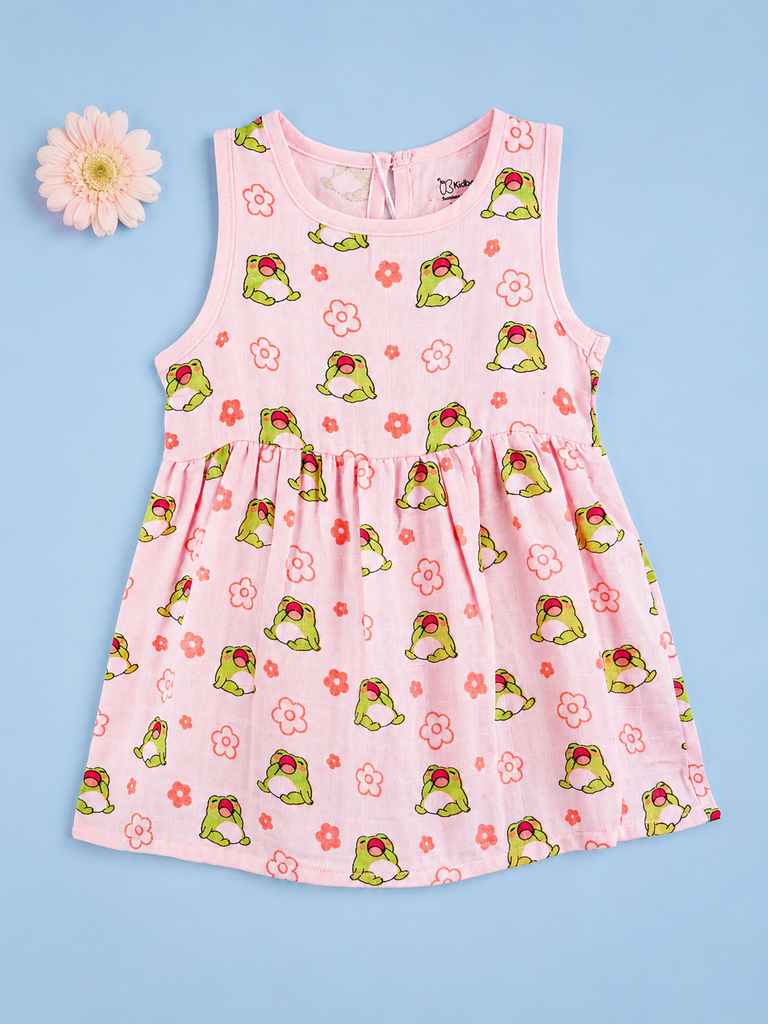 BambooTEC™ Bamboo Muslin Baby Frock – Frog & Floral Print, Soft & Breathable Dress