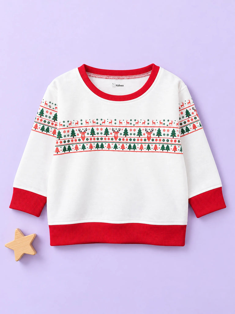 Unisex Cotton Kids Sweatshirt – White Christmas Print Full-Sleeve Sweatshirt