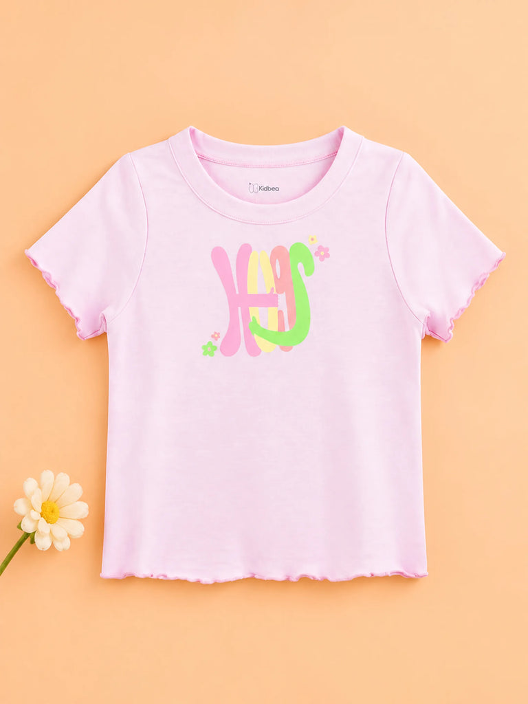 Girls Pink Top – Happy Floral Letter Print with Ruffled Edges