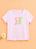 Girls Pink Top – Happy Floral Letter Print with Ruffled Edges