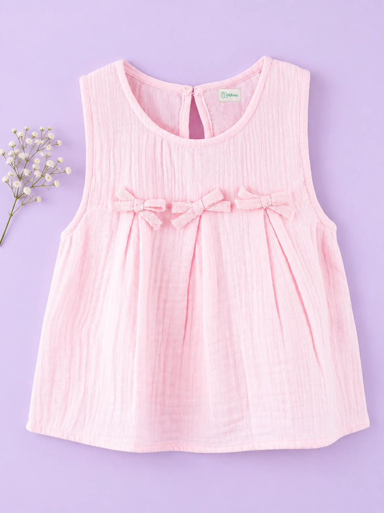 Girls Cotton Dress – Light Pink Sleeveless A-Line Dress with Bow Details