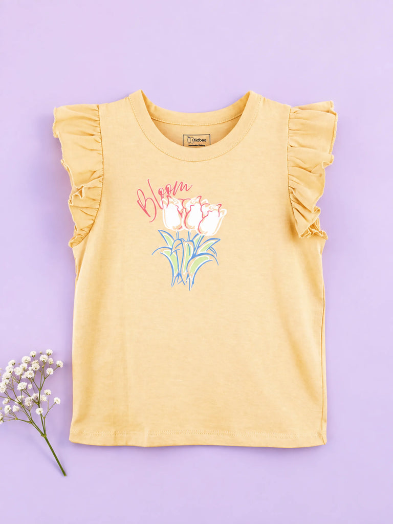Girls Yellow Top – Bloom Floral Print with Ruffle Sleeves