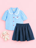 Girls Cotton Co-Ord Set – Blue Striped Shirt with Navy Flared Skirt