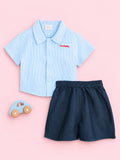 Boys Cotton Shirt & Shorts Set – Blue Striped Shirt with Navy Shorts