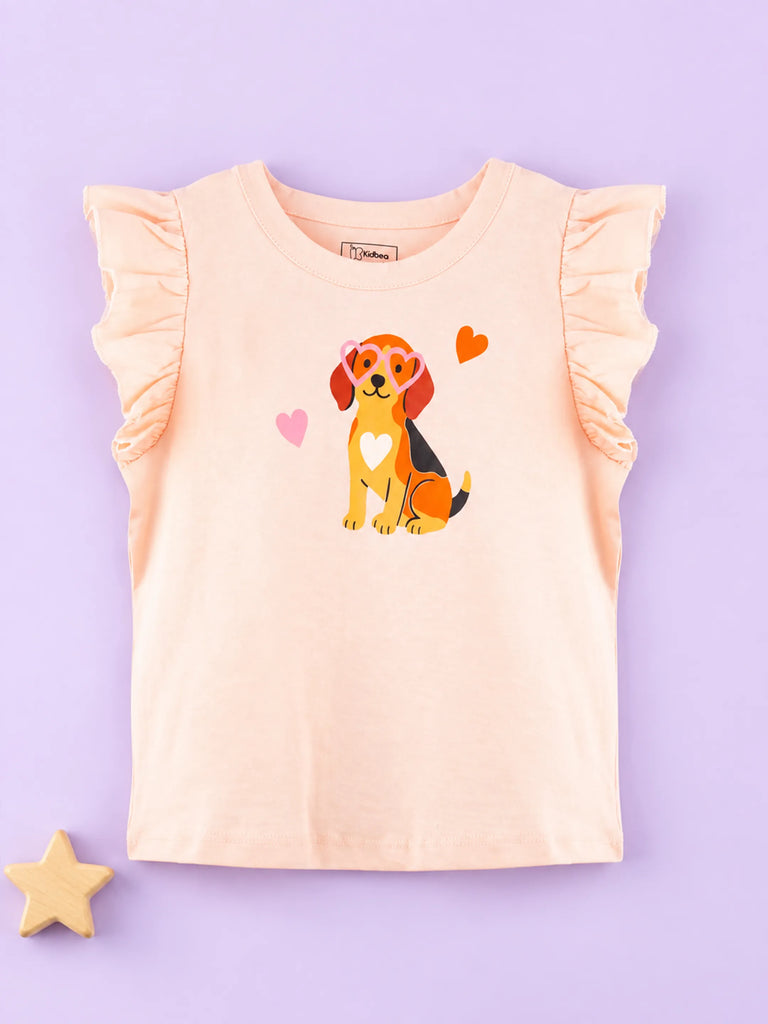 Girls Peach Top – Cute Puppy Print with Ruffle Sleeves