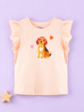 Girls Peach Top – Cute Puppy Print with Ruffle Sleeves