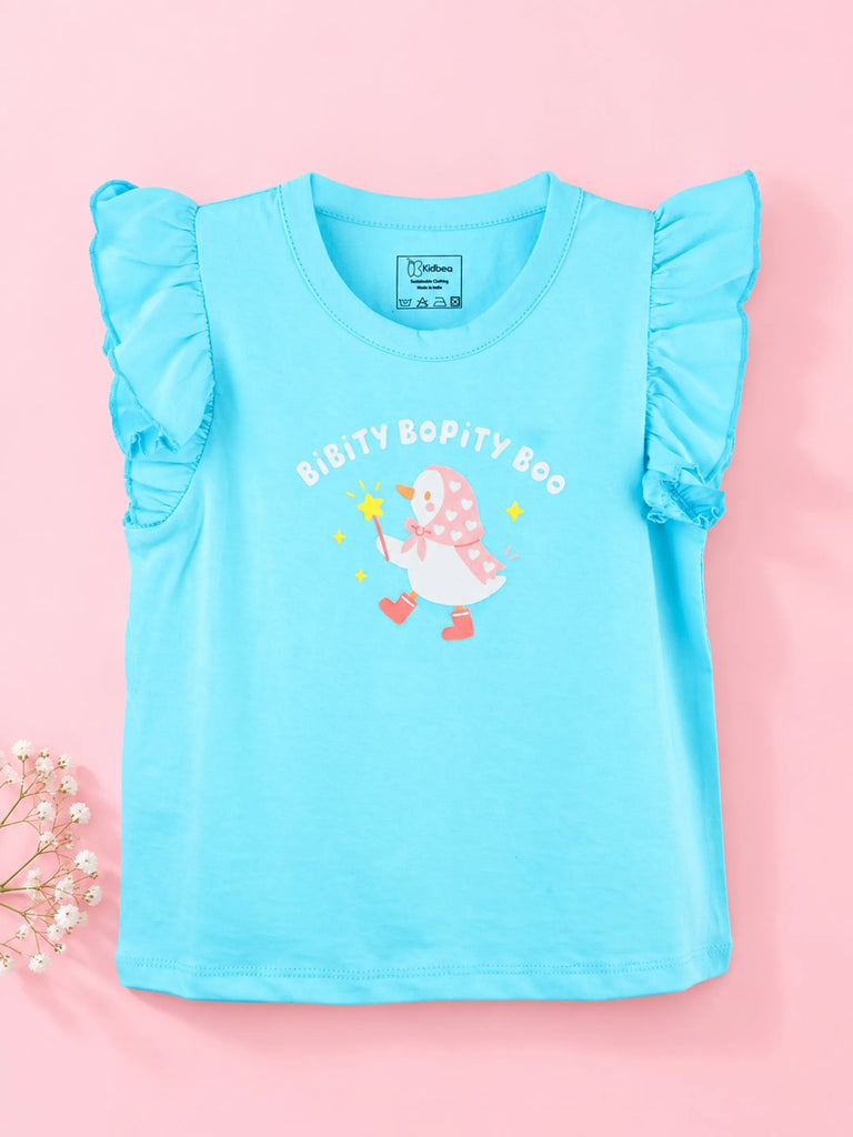 Girls Blue Top – Bibity Bopity Boo Penguin Print with Ruffle Sleeves