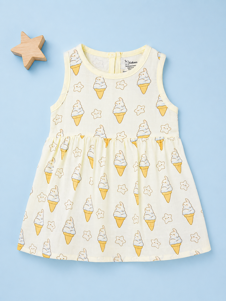 BambooTEC™ Bamboo Muslin Baby Frock – Ice Cream & Star Print, Soft & Breathable Dress