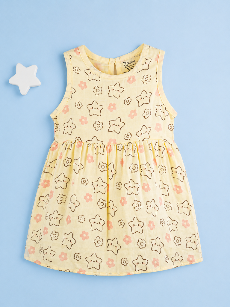 BambooTEC™ Bamboo Muslin Baby Frock – Star & Flower Print, Soft & Breathable Dress