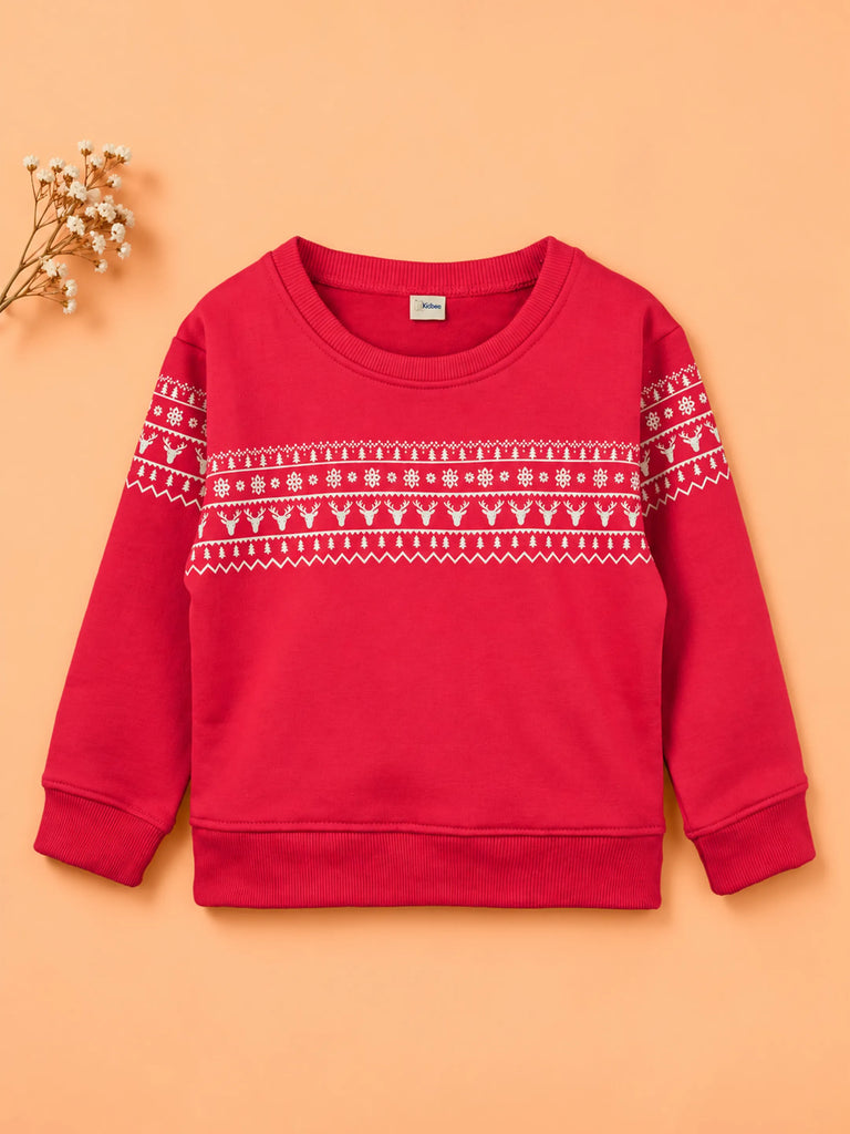Unisex Cotton Sweatshirt – Red Full-Sleeve Christmas Fair Isle Printed Pullover