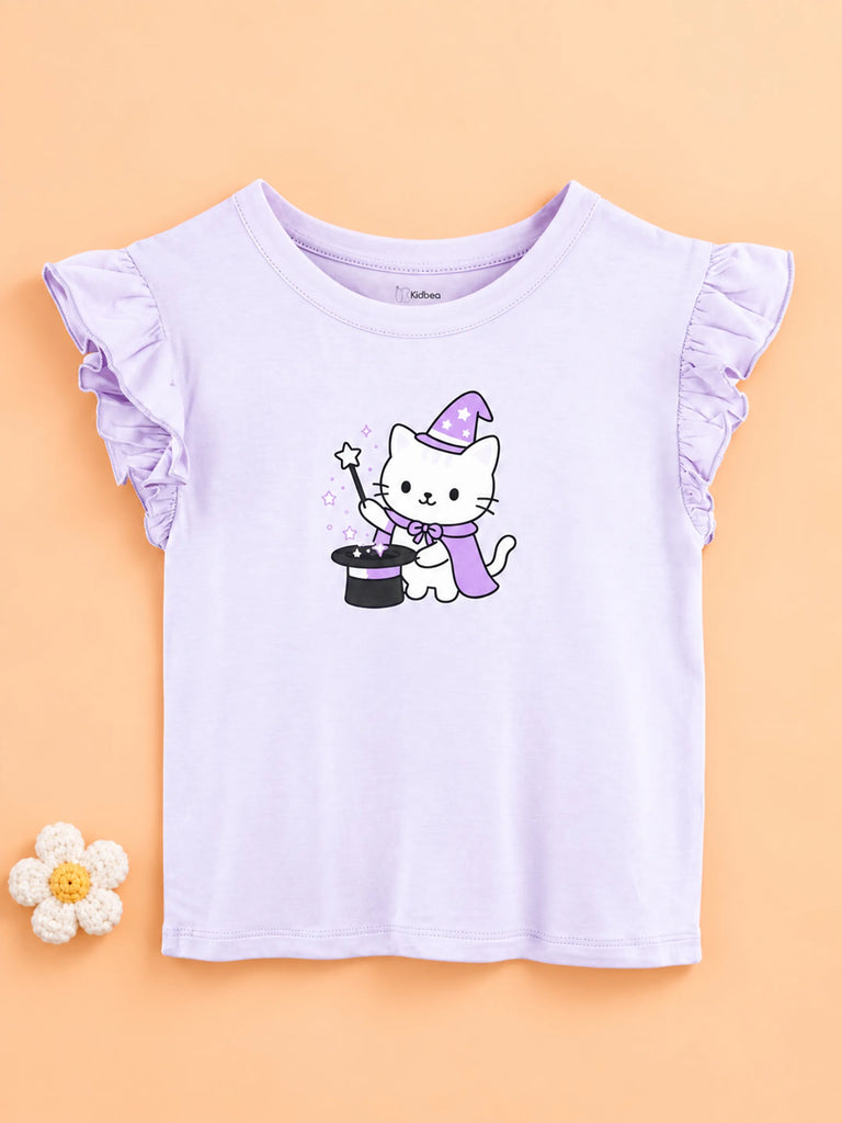 BambooTEC™ Bamboo Girls Lavender Top – Magic Cat Print with Ruffle Sleeves