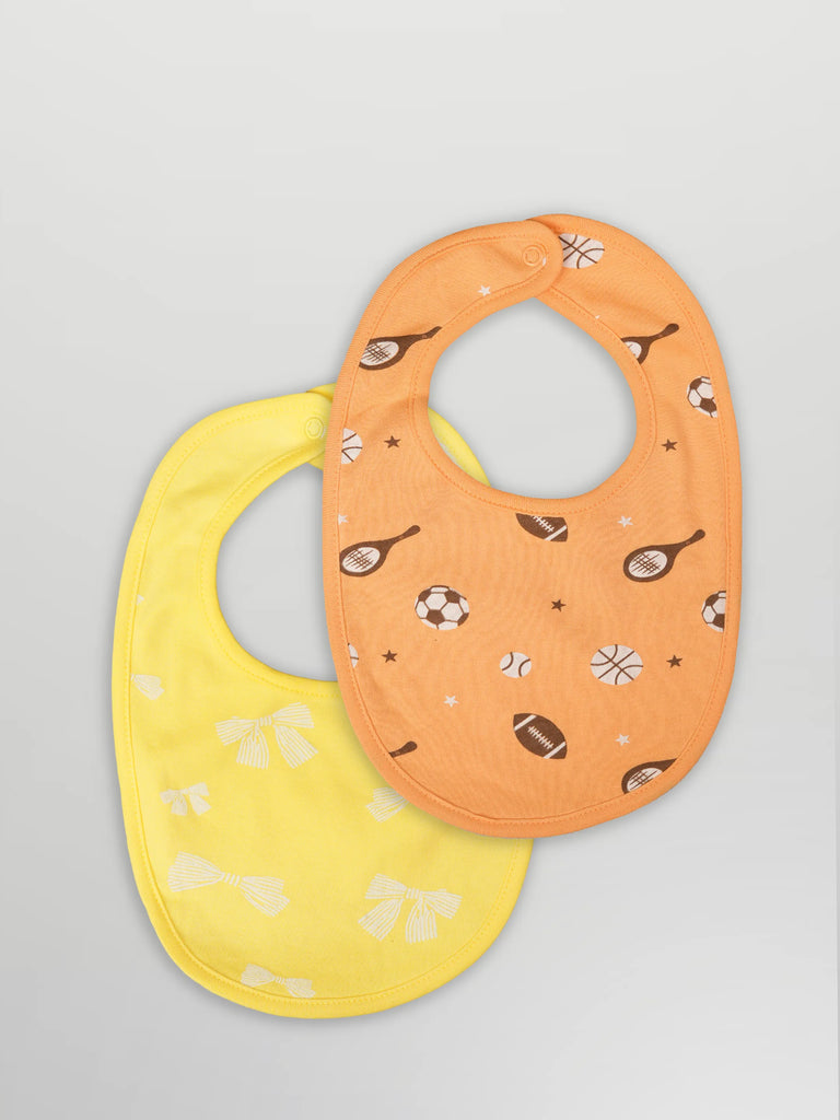 Organic Cotton Baby Bib Pack of 2 – Soft Breathable Football & Bow Print, Feeding & Drool Bibs