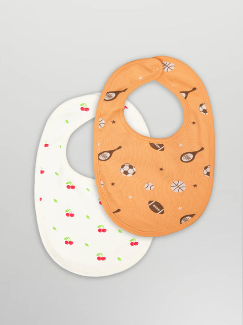 Organic Cotton Baby Bib Pack of 2 – Soft Breathable Cherry & Football Print, Feeding & Drool Bibs