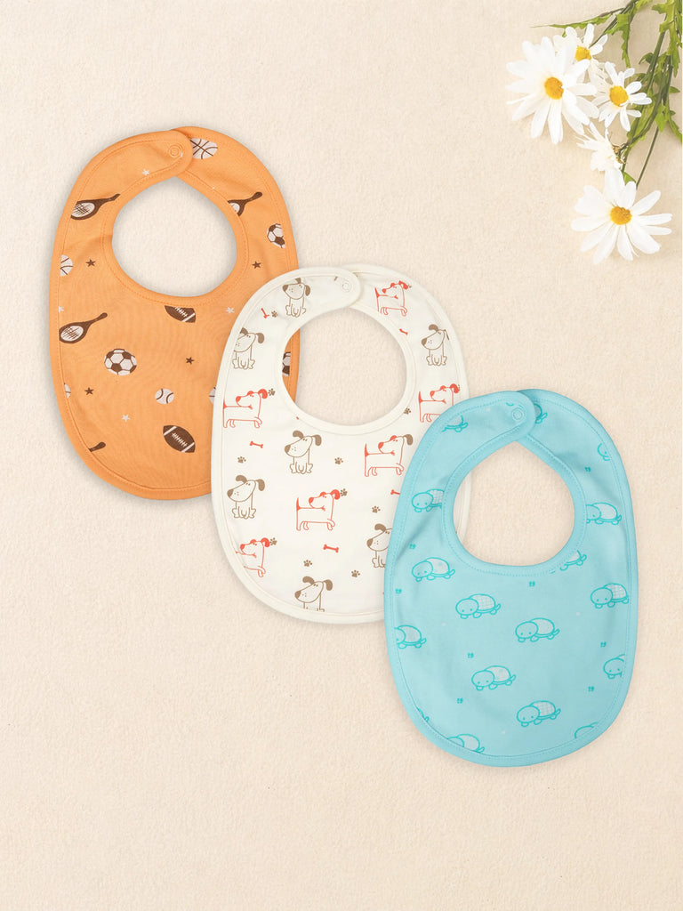 Organic Cotton Baby Bib Pack of 3 – Soft Breathable Football, Blue Dog & Turtle Print, Feeding & Drool Bibs