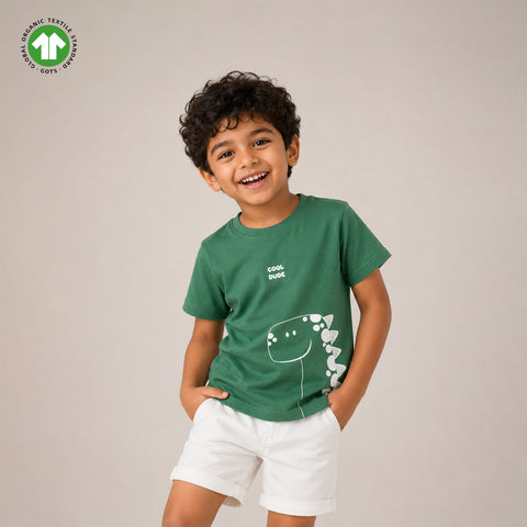 Organic Cotton Forest Green Dinosaur Print Round Neck Half Sleeve T-Shirt for Boys