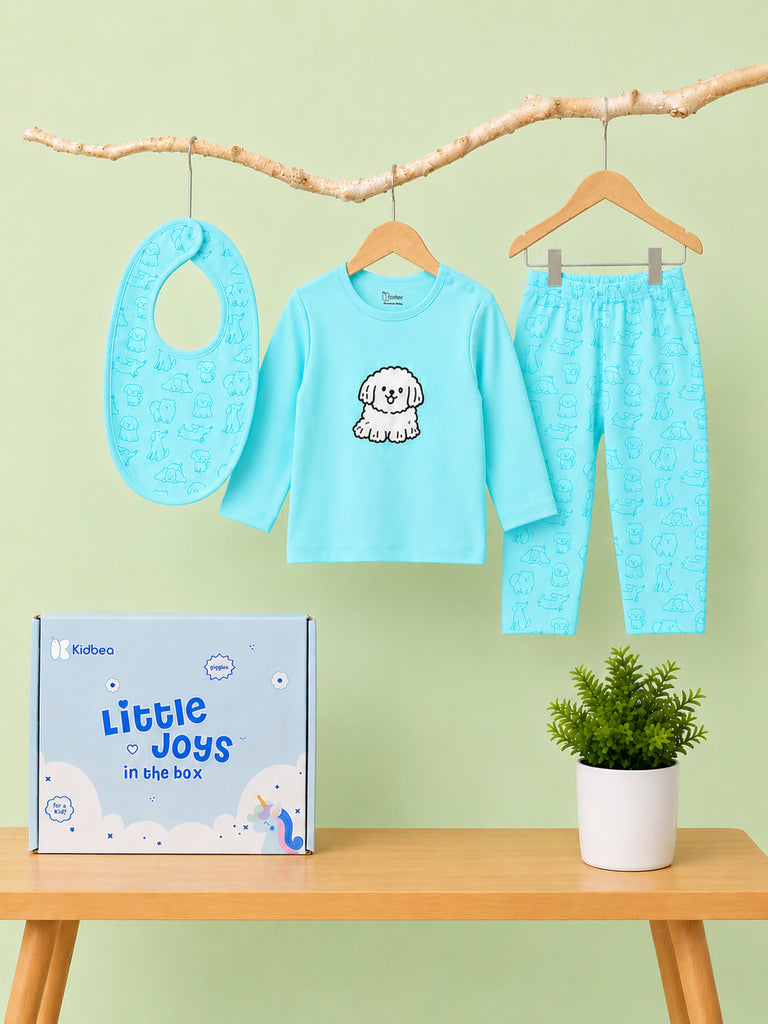 Organic Cotton Baby Clothing Set – Soft Breathable Blue Dog Print T-Shirt, Pyjama & Bib Set