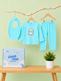 Organic Cotton Baby Clothing Set – Soft Breathable Blue Dog Print T-Shirt, Pyjama & Bib Set