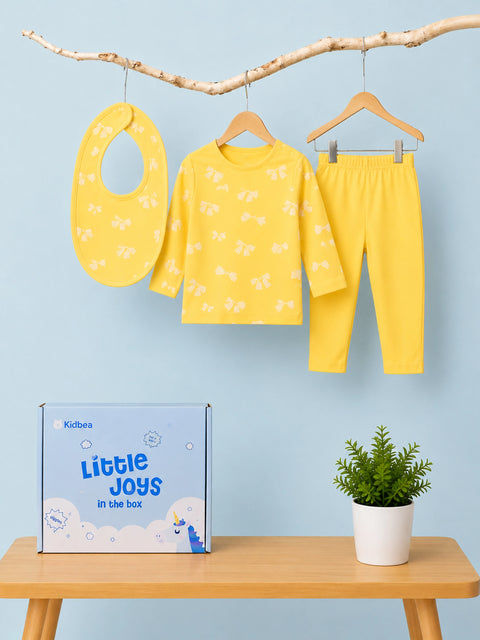 Organic Cotton Baby Clothing Set – Soft Breathable Yellow Bow Print T-Shirt, Pyjama & Bib Set