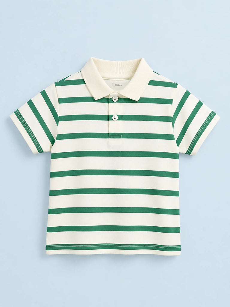 Boys Bamboo Fabric Green Striped Polo T-Shirt