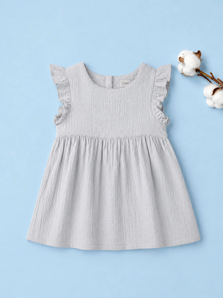 Organic Cotton Girls Flutter Sleeve A-Line Dress - Light Grey