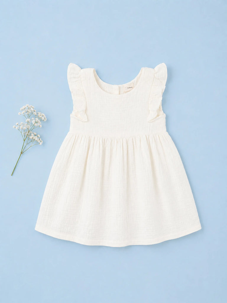 Organic Cotton Girls Flutter Sleeve A-Line Dress - White