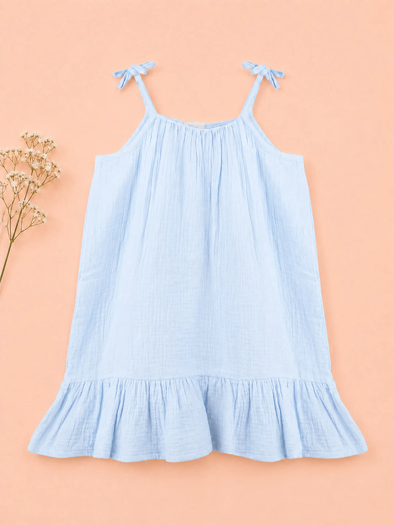 Organic Cotton Girls Sleeveless Summer Dress with Ruffle Hem - Sky Blue