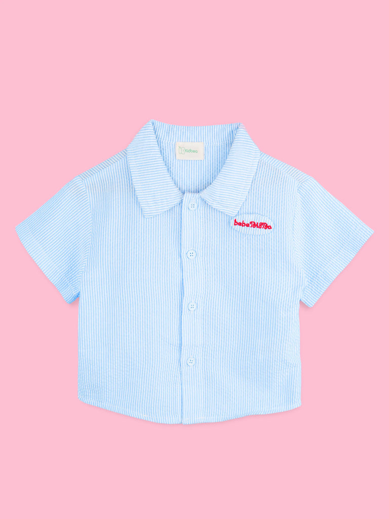 Boys Cotton Shirt & Shorts Set – Blue Striped Shirt with Navy Shorts