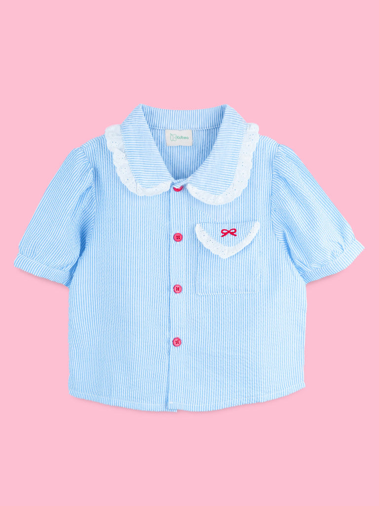 Girls Cotton Co-Ord Set – Blue Striped Shirt with Navy Flared Skirt