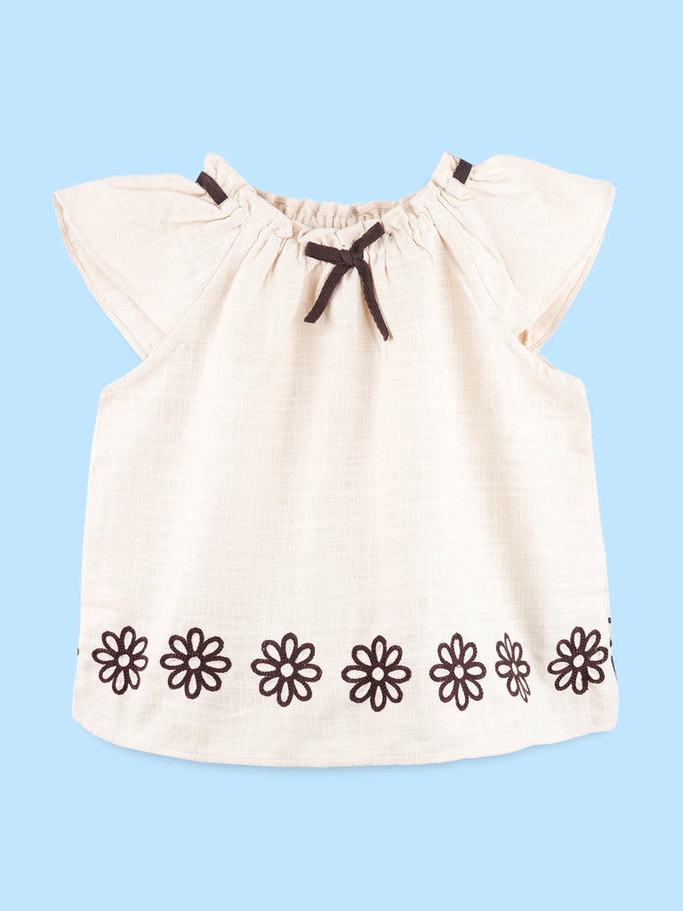 Girls Cotton Co-Ord Set – Cream Top & Wide-Leg Pants with Floral Embroidery