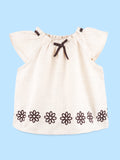 Girls Cotton Co-Ord Set – Cream Top & Wide-Leg Pants with Floral Embroidery