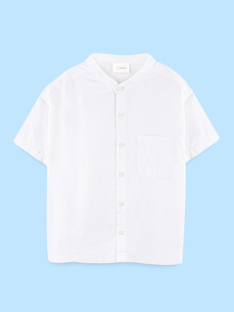 Boys White Cotton Mandarin Collar Shirt – Short Sleeve Casual Shirt