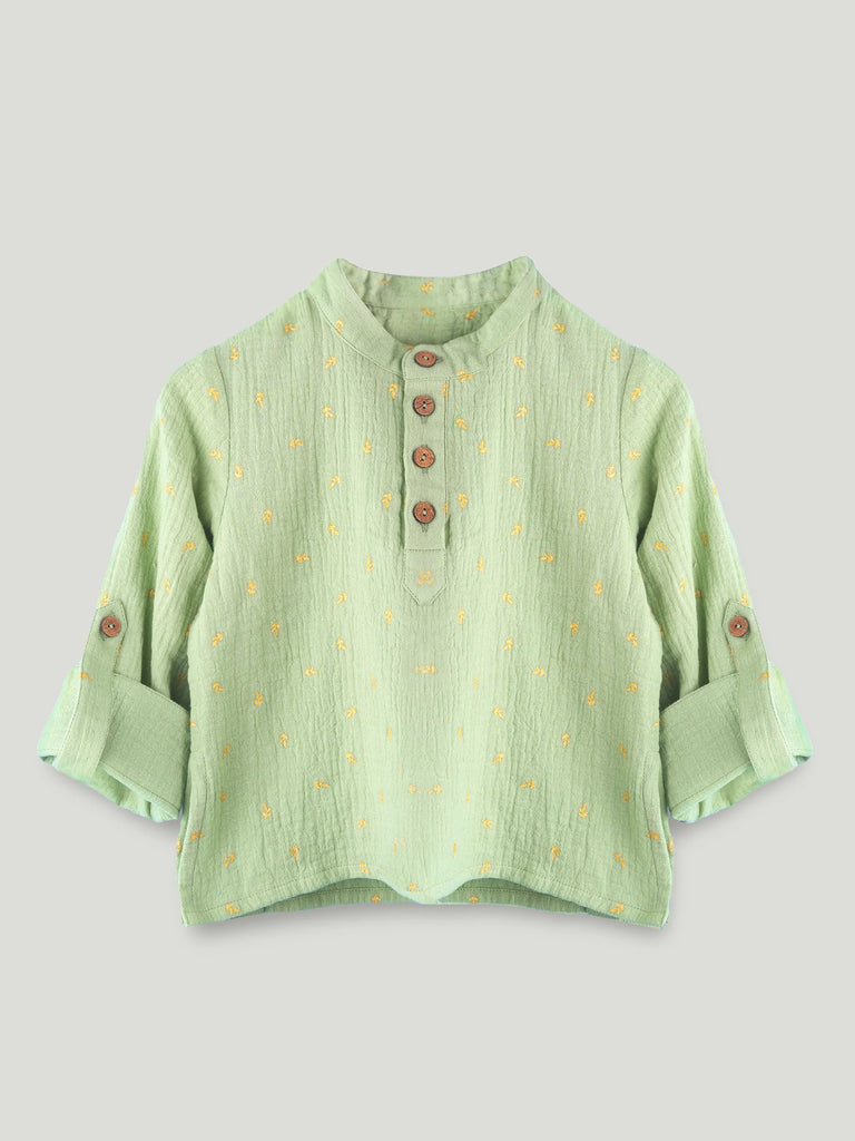 Organic Cotton Boys Mandarin Collar Full Sleeve Shirt - Sage Green
