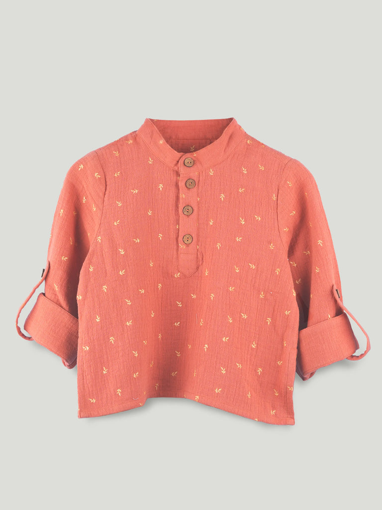 Organic Cotton Boys Mandarin Collar Full Sleeve Shirt - Rust Orange