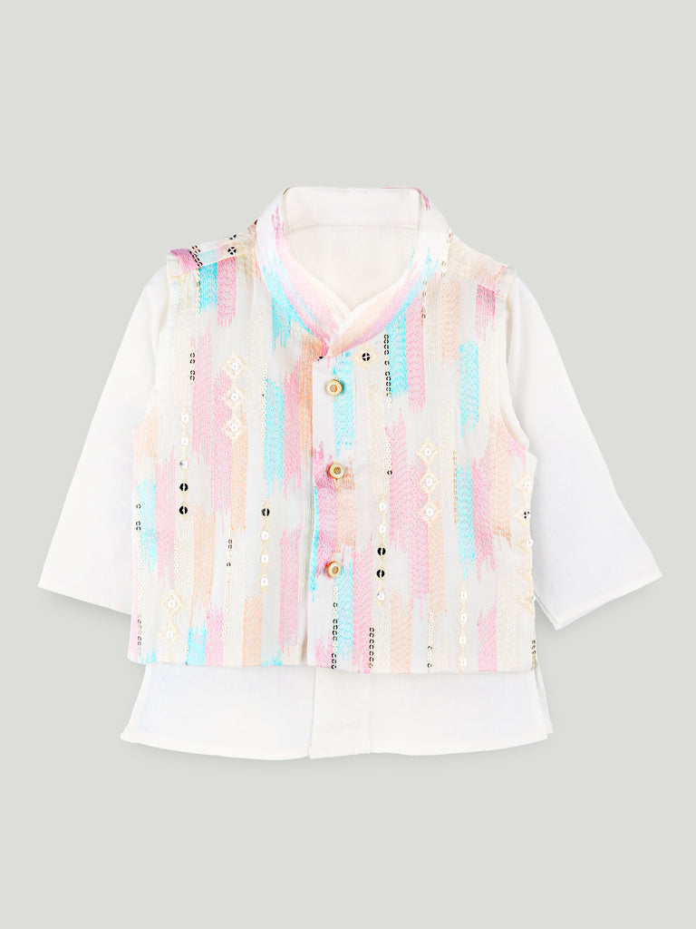 Boys White Kurta & Dhoti Set – Pastel Printed Jacket Festive Wear