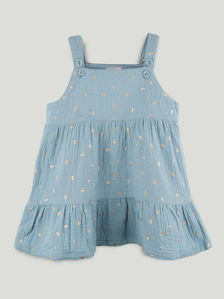 Girls Organic Cotton Dusty Blue Dress with Matching Headband