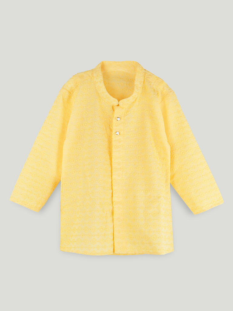 Boys Yellow Kurta & White Pajama Set – Traditional Ethnic Festive Wear
