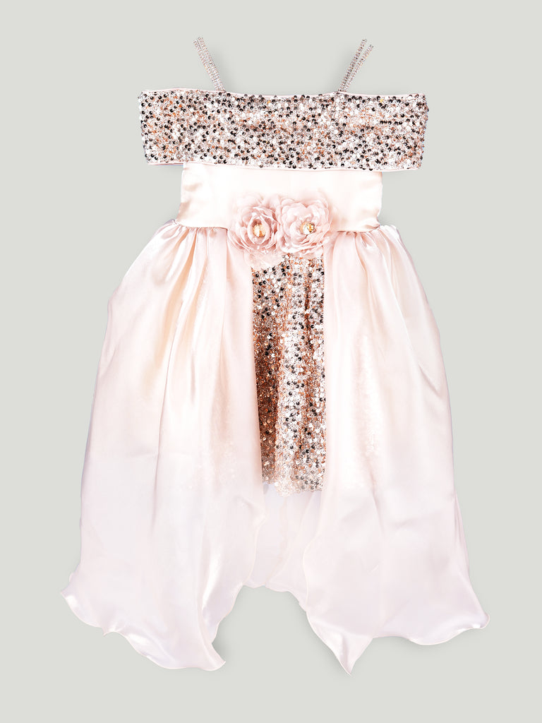 Girls Pink Partywear Frock – Sequin & Floral Embellished High-Low Dress
