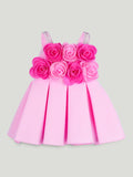 Girls Pink Partywear Frock – 3D Rose Flower Flared Dress