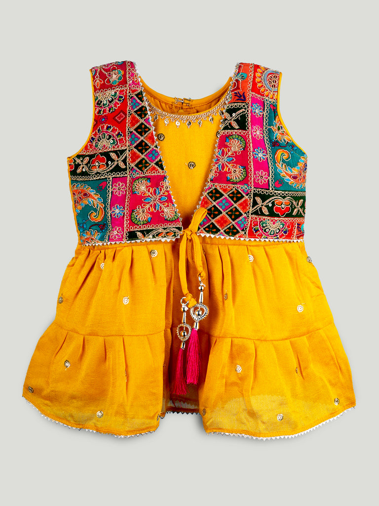 Girls Ethnic Yellow Kurta & Salwar Set – Embroidered Multicolor Jacket Style Festive Wear
