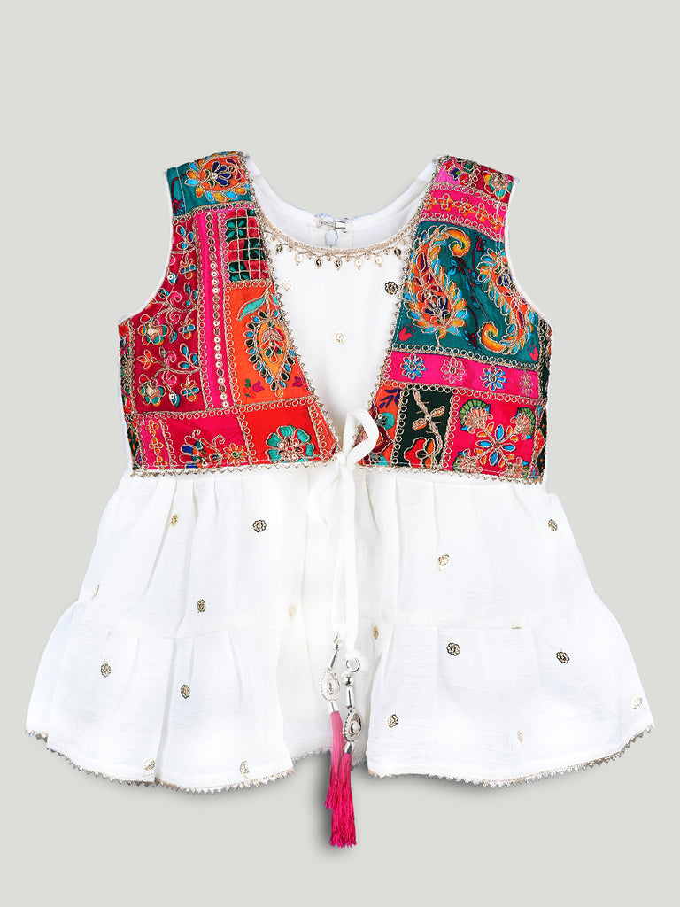 Girls White Ethnic Kurta & Dhoti Set – Multicolor Printed Jacket Festive Wear